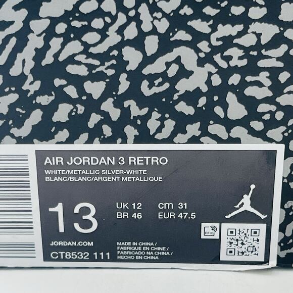 Nike Air Jordan 3 Retro White Silver Sneakers CT8532 111 Men Size 13 NEW main image 8